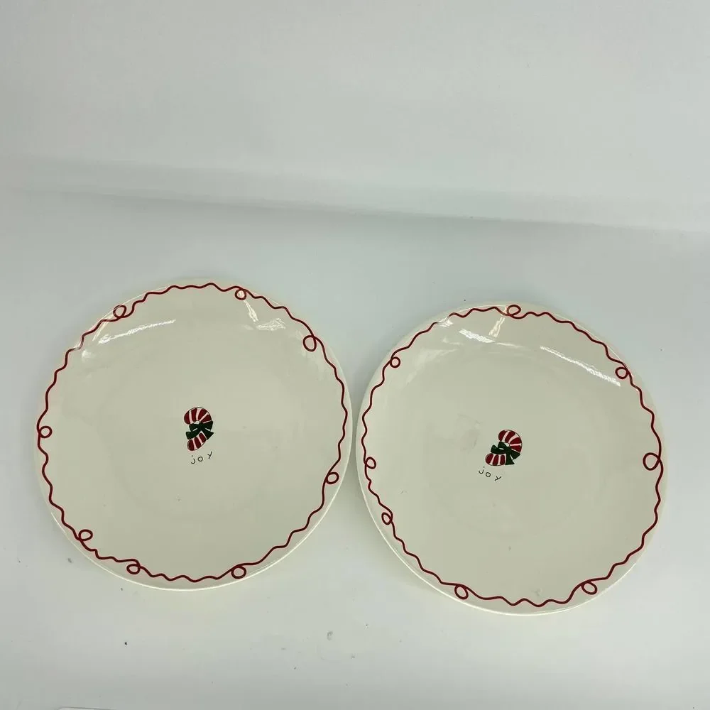 Pottery Barn Minimal Christmas Winter Joy Candy Cane Plate Set of 2